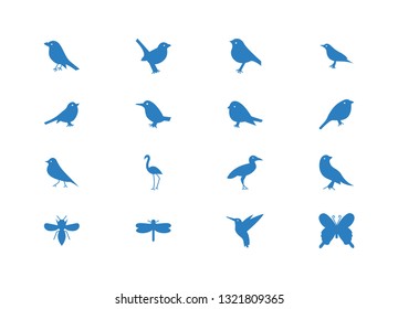 Sixteen birds icons set - Vector glyph blue