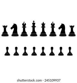 Sixteen black chess pieces vector icon set - with king, queen, bishop, knight, rook, pawn