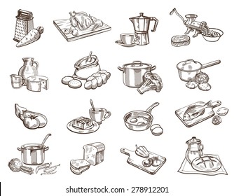 Sixteen black icon set with image of food and kitchenware