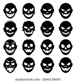 Sixteen black silhouette monster faces with varying expressions against a white background. Simple style, scary mood.