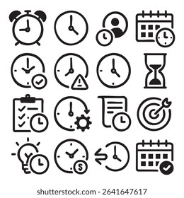 Sixteen black and white hand-drawn icons depicting various time management concepts, including clocks, calendars, and an hourglass.