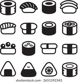 Dezesseis ícones de sushi preto e branco são exibidos contra um fundo branco com vários tipos de sushi, incluindo maki nigiri onigiri e uramaki em um estilo de arte de linha simples