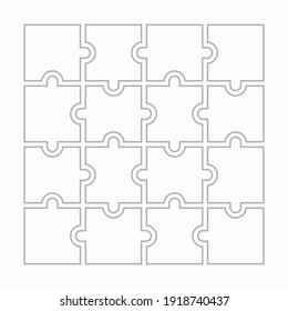 Sixteen blank puzzle pieces. Puzzle for web, information or presentation design, infographics. White puzzle on white background. Vector illustration