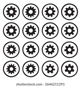 Dezesseis Ícones de Cogwheel em uma Engenharia de Precisão de Padrão de Grade e Simbolismo Mecânico Representando Engrenagens, Configurações e Configurações Técnicas com Bordas Circulares Negrito