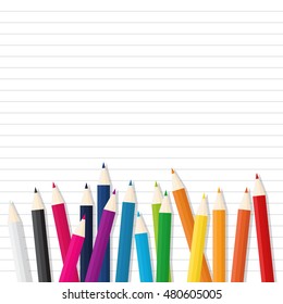 sixteen color wooden pencils on black line white paper background.