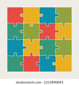 Sixteen connected jigsaw puzzle parts flat vector illustration. Infographic template with separate matching pieces. Teamwork concept.