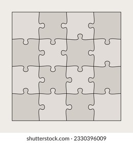 Sixteen connected jigsaw puzzle parts flat vector illustration. Infographic template with separate matching pieces. Teamwork concept.