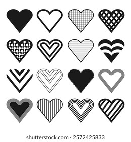 Sixteen decorative hearts of different designs. Icons, symbols. Vector set