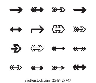 dezesseis diferentes desenhos de setas dispostas em um padrão de grade, apresentando vários estilos e formas adequadas para design, interfaces de usuário