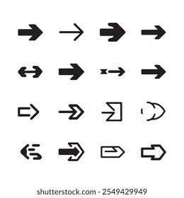 dezesseis diferentes desenhos de setas dispostas em um padrão de grade, apresentando vários estilos e formas adequadas para design, interfaces de usuário