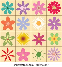 Sixteen different flowers, seamless image.  Use for backgrounds, wall paper, tile floor, fabric, books, plate and anything else that you want.