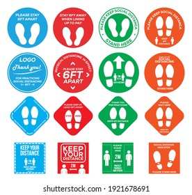 Sixteen difrent floor sticker social distancing, please stand here, keep your distance , COVID-19 Coronavirus - vector