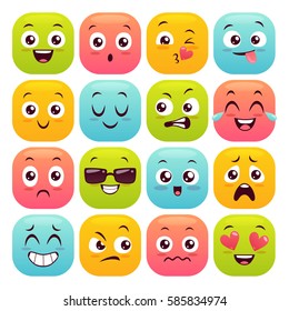 Sixteen emoticons set. Colorful emoji design buttons isolated on white background. Vector illustration.