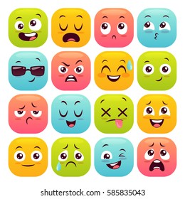 Sixteen emoticons set. Colorful emoji design buttons isolated on white background. Vector illustration.