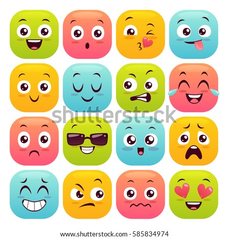 Sixteen emoticons set. Colorful emoji design buttons isolated on white background. Vector illustration.