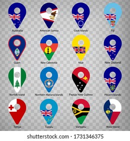 Sixteen Flags of Australia and Oceania countries - alphabetical order with name.  Set of 2d geolocation signs like national flags of Australia and Oceania. Sixteen geolocation signs. EPS10.