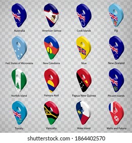 Sixteen Flags of Australia and Oceania countries - alphabetical order with name.  Set of 3dD geolocation signs like national flags of Australia and Oceania. Sixteen 3D geolocation signs. EPS10.