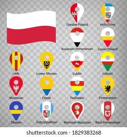 Sixteen flags the Provinces of Poland  - alphabetical order with name.  Set of 2d geolocation signs like flags Provinces of Poland.  Sixteen 2d geolocation signs for your design. EPS10.
