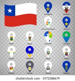 Sixteen flags the Regions of Chile -  alphabetical order with name.  Set of 2d geolocation signs like flags Regions of Chile.  Sixteen 2d geolocation signs for your design. EPS10