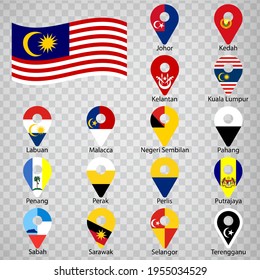 Sixteen flags the States of Malaysia-  alphabetical order with name.  Set of 2d geolocation signs like flags States of Malaysia.  Sixteen  2d geolocation signs for your design. EPS10