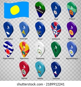 Sixteen flags the States of  Palau -  alphabetical order with name.  Set of 3d geolocation signs like flags States of  Palau.  Sixteen 3d geolocation signs for your design. EPS10