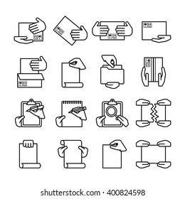 Sixteen flat style black outline computer icons isolated on white