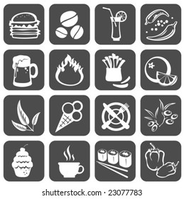 Sixteen  food symbols isolated on a black background.