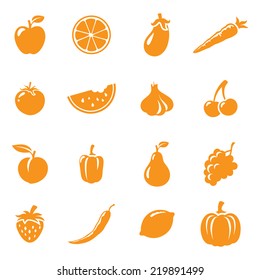 Sixteen fruit and vegetable icons. Easy to change color.