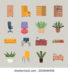 sixteen furniture office set icons