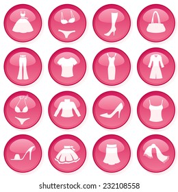 Sixteen glossy pink fashion buttons.