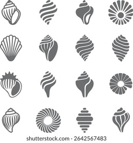 Dezesseis silhuetas de concha em tons de cinza de várias formas e desenhos em espiral contra um fundo branco. Elementos gráficos simples e estilizados.