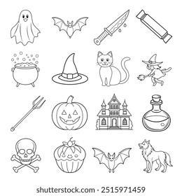 Dezesseis elementos lineares de Halloween ilustração de arte vetorial simples sobre um fundo branco. 