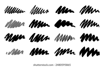 Sixteen hand drawn doodles, brushstrokes, squiggles. Vector set