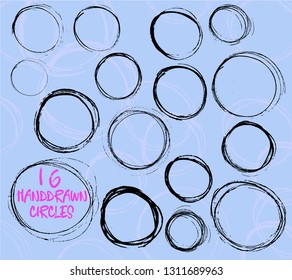 Sixteen handdrawn circles for printing, web-design, invitation and greeting cards, textile, interior decoration, wallpaper, wrapping paper