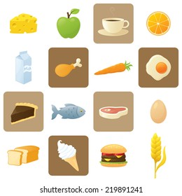 Sixteen individually grouped food icons.