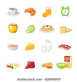 Sixteen isolated breakfast food symbols set with different dishes drinks food bread coffee and alarm clock vector illustration