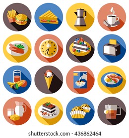 Sixteen isolated breakfast icon set in round with meal on plate and drink vector illustration