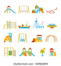 Sixteen isolated childrens playground equipment elements set with flat cartoon icons of carrousels seesaws and slippery dips vector illustration