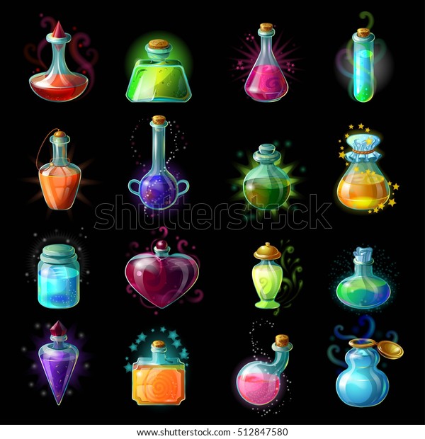 Sixteen isolated colorful magic bottle jars\
set with liquid potions for transformations on black background\
vector illustration