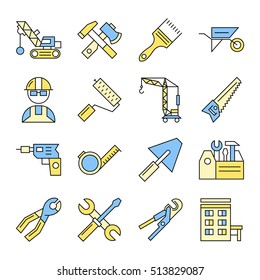 Sixteen isolated construction colorful icons set with flat symbols of technics and professional building equipment vector illustration