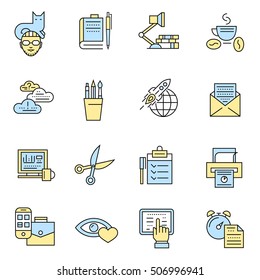 Sixteen isolated freelance business workspace decorative symbols with fadgets coffee and various office equipment flat vector illustration