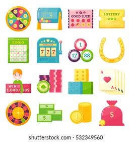 Sixteen isolated vector lottery theme elements set with money cards chips jackpot and gaming luck symbols vector illustration