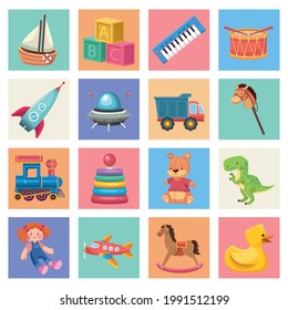 sixteen kids toys set icons