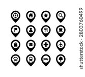 Sixteen map pin markers containing universal icons for public services and landmarks. Features symbols for food coffee lodging medical care transit education and recreation ideal for interactive wayfinding maps travel directories urban navigation guides and mobile point of interest apps.