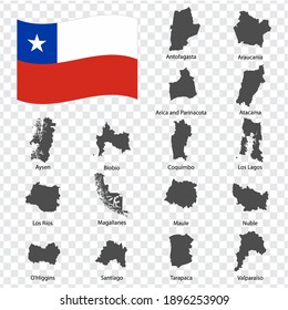 Sixteen Maps Regions of Chile - alphabetical order with name. Every single map of Region are listed and isolated with wordings and titles. Republic of Chile. EPS 10.