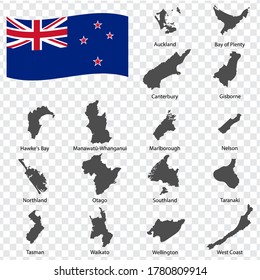 Sixteen Maps Regions of New Zealand - alphabetical order with name. Every single map of  Region New Zealand are listed and isolated with wordings and titles.  EPS 10.