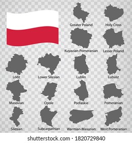 Sixteen Maps Regions of Poland - alphabetical order with name. Every single map of Province are listed and isolated with wordings and titles. Republic of Poland. EPS 10.