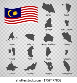 Sixteen Maps of states Malaysia - alphabetical order with name. Every single map of state are listed and isolated with wordings and titles. Malaysia. Asia. EPS10. 