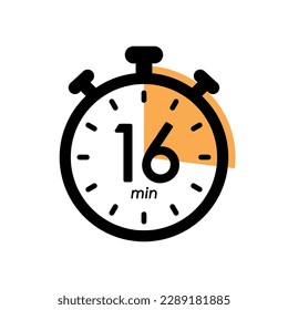 sixteen minutes stopwatch icon, timer symbol, cooking time, cosmetic or chemical application time, 16 min waiting time vector illustration