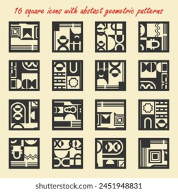 Sixteen monochrome square icons with abstract geometric patterns. Vector set